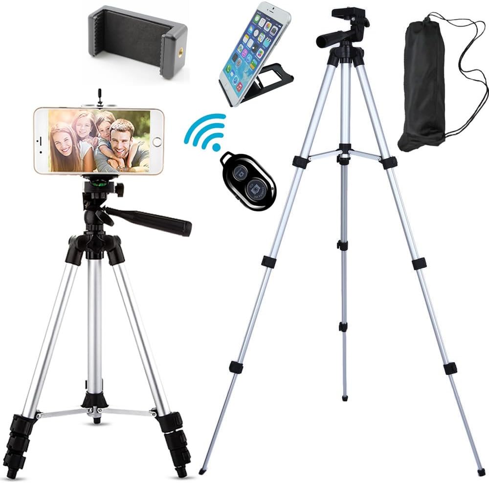 FOANT Aluminum Professional Lightweight Camera Tripod for iPhone, Cellphone,Gopro Hero,Cameras,Camcorder with Cellphone Holder Clip and Remote Shutter-43"/Silver