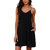 Marvmys Womens Cotton Sleeveless Nightgown Spaghetti Strap V Neck Full Slip Sleep Dress with Pockets