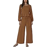 Dorwon Womens Boho 2-Piece Smocked Lounge Set Long Sleeve Ruffle Top Wide Leg Pants