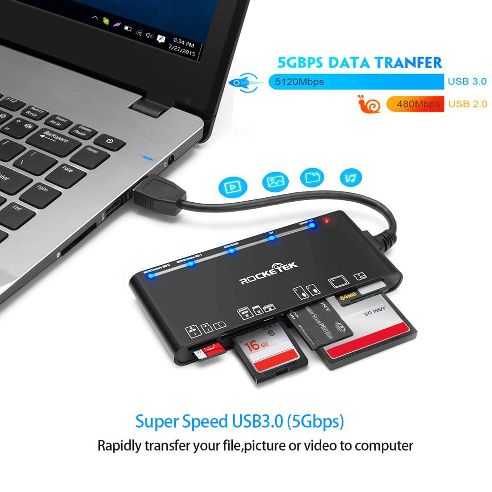 USB 3.0 Kartenleser 7 in 1 SD/TF/CF/MS/XD/Micro SD Speicherkartenleser mit USB3.0 (5Gbps) Super Speed, kompatibel mit Windows/Linux/Mac OS/Vista 3