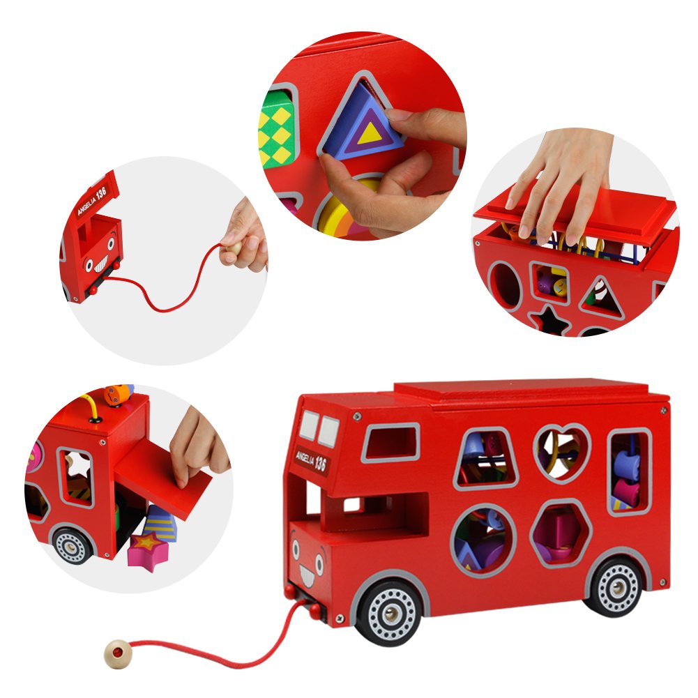 Akokie Roter Bus Spielzeug Modell, Bus Holz Form Sorter, Holzformen Geometrisch für Kinder im Alter von 3 4 5 6 , MEHRWEG
