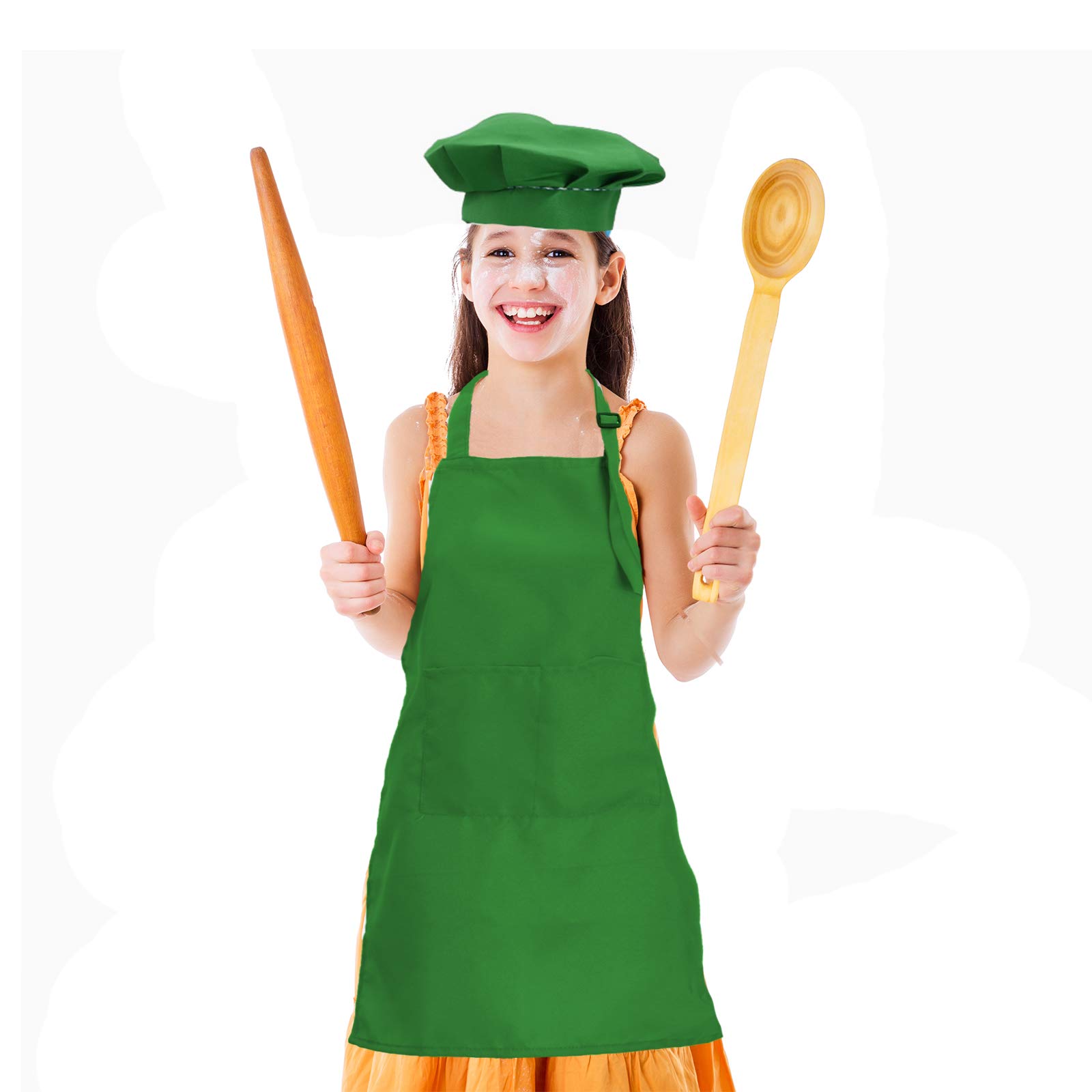 CWFUN Green Aprons with 2 Pockets and Chef Hat for Kids,Children-Kids Cooking Baking Painting Art Adjustable Bib Aprons and Hat Sets For Girls and Boys(4-12 Years Old, Green-1set,Size L)