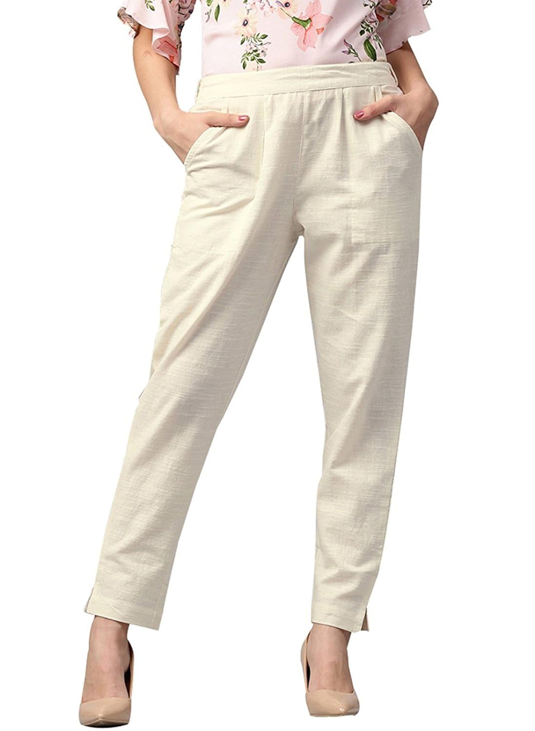 arihant women's/girl cotton slub trouser pant (off-white)