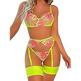 Kaei&Shi Floral Embroidered Garter Belt Set,Sheer Lingerie Sets for Women Sexy,Wedding Night Valentines Boudoir Outfits