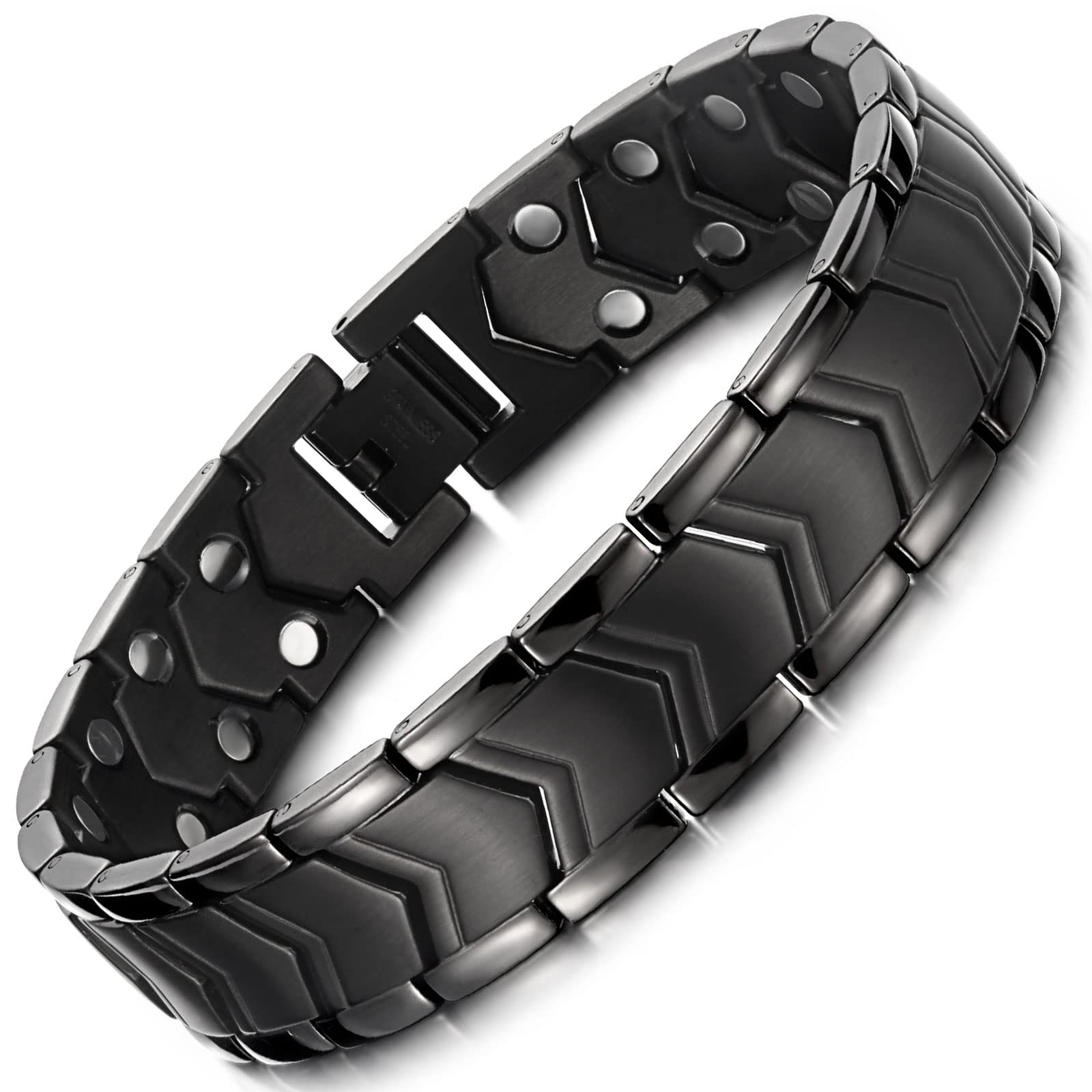 RainSo Men's Titanium Magnetic Bracelet - 3500 Gauss Dual-Row Strength | Black Matte Stainless Steel Adjustable Cuff with Gift Box & Professional Kit