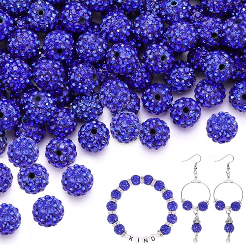 100 pcs 10mm Rhinestone Beads for Jewelry Making, Dark Blue Shiny Round Shamballa Disco Beads Bulk, Sparkle Crystal Clay Christmas for Bracelet Baseball Necklace Earring Crafting and DIY