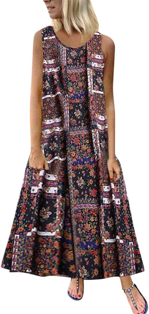 Maxi Dresses Floral Checkered/Dot Plus Size Sleeveless Sundress Boho Ethnic Ladies Long Dress Oversized