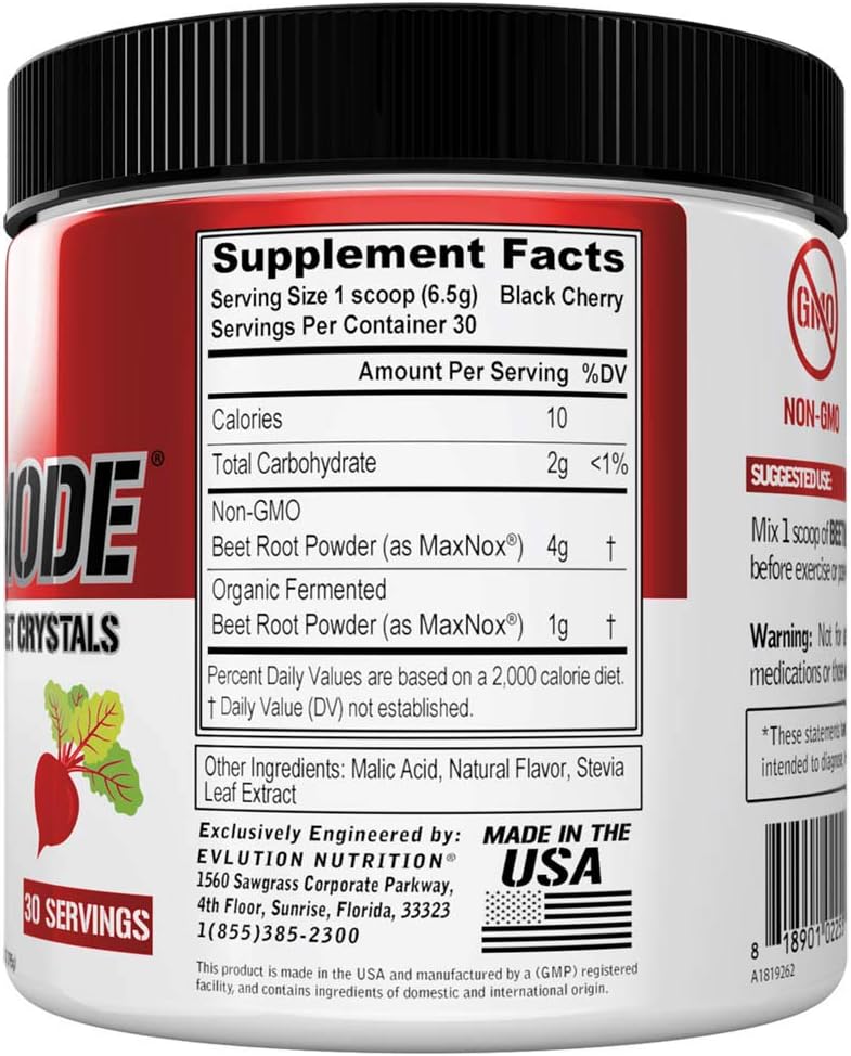 Evlution Nutrition Beet Mode, Concentrated Beet Root Crystals, Nitric Oxide Booster, Natural Circulation, Immune Support, Antioxidants, Vegan, Non-GMO, Endurance, Superfood (Black Cherry, 30 Servings): Health & Personal Care