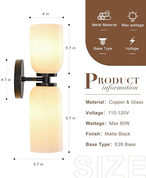 FONTA VERDE COPPER 2-LIGHT VINTAGE WALL SCONCES, MATTE BLACK VINTAGE WALL SCONCE LIGHT, WHITE FROSTED GLASS MODERN BATHROOM SCONCES, WALL SCONCE FOR BEDROOM, BATHROOM, INDOOR