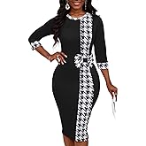 Women's 3/4 Sleeve Round Neck Casual Houndstooth Bodycon Wear to Work Pencil Sheath Midi Dresses