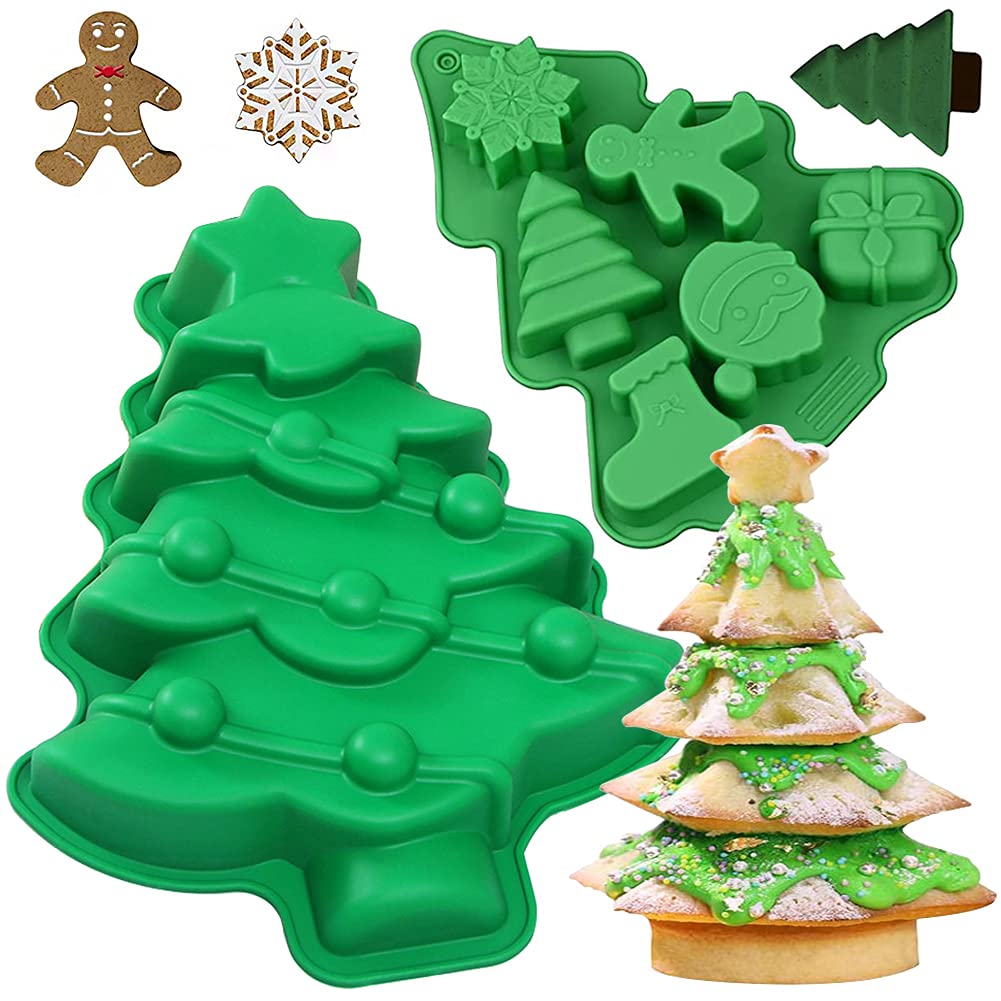 MEZHEN Christmas Silicone Mould Baking Mould Christmas Tree Cake Mould Silicone Cake Baking Mould Mousse Fondant Chocolate Soap Motif Baking Moulds 3D for Christmas Mould Pack of 2