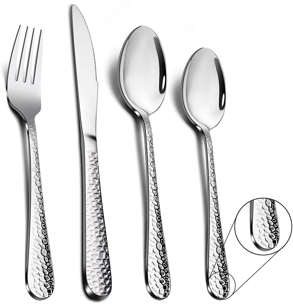 Cutlery Set, Stainless Steel 32 Piece Flatware Set for 8, Hammered Design Silverware Set for Big Family/Camping/Picnic