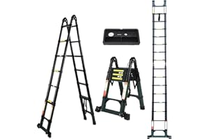 Dajianglx 16.5FT Telescoping Ladder A-Frame Aluminum Extension Ladders with Tool Platform and Moverable Wheels,Multi-Purpose Collapsible Ladder for Household Or RV Outdoor Work,Duty330lbs（Dark Green）