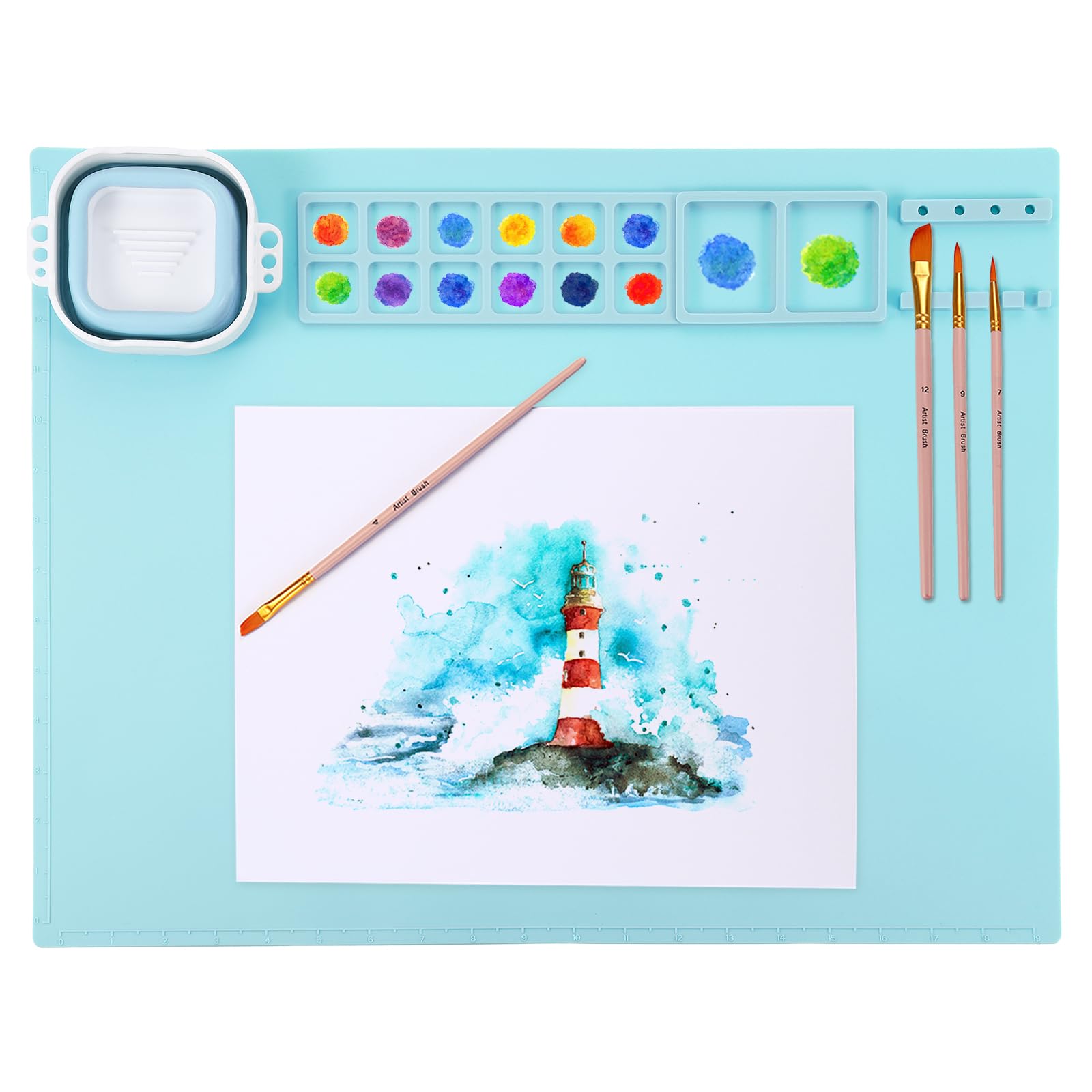 PATIKIL 20" x 16" Silicone Craft Mat, Nonstick Silicone Painting Sheets Art Mats for Resin Drawing DIY Clay, with Brush Holder and Magnetic Removable Cleaning Cup, Blue