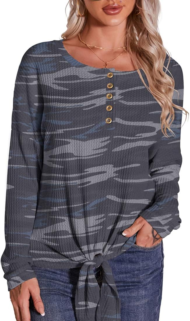 IWOLLENCE Womens Waffle Knit Tunic Button Up Shirts Tie Knot Front Tops Loose Pullover Blouses at  Women’s Clothing store