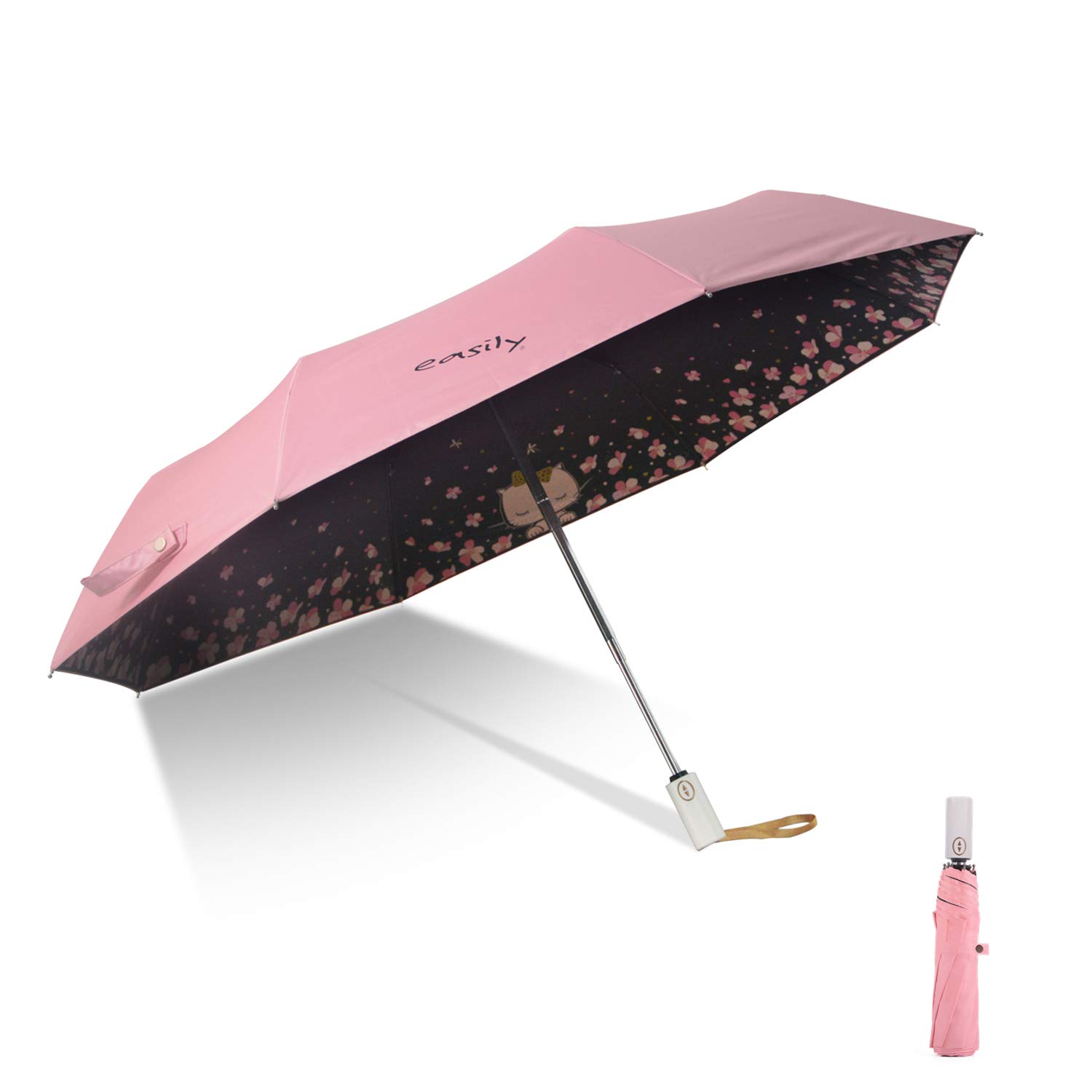 Meiyijia Umbrella, Automatic Opening and Closing, Compact and Foldable, UV Protection, Portable Travel and Wind Resistant Ultra-Light Parasol…, Pink Cat Design, 28.5