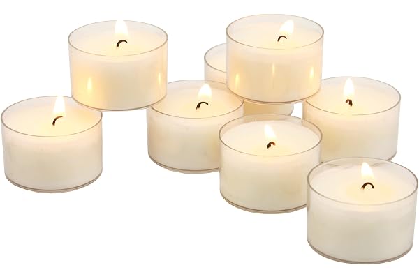 Stonebriar Unscented Tea Light Candles, Clear Cup, 6 to 7 Hour Extended Burn Time, Smokeless, White, Bulk Set for Weddings, E