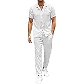 UOUA Mens 2 Piece Outfits Summer Casual Short Sleeve Button Down Shirt & Long Pants Sets Beach Vacation Suits Tracksuits