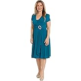 R&M Richards Women's Faux Wrap Solid Cascade Dress W/Rhinestone Buckle & Short Sleeves