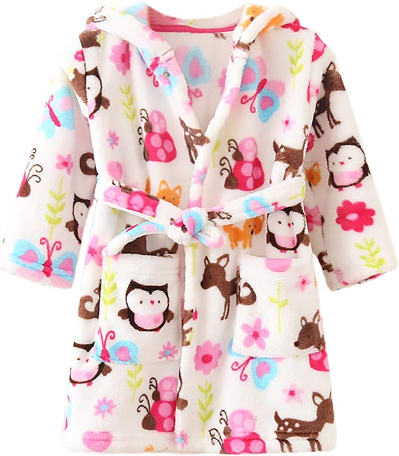 Toddler Kids Baby Hooded Bath Towels Soft Fleece Warm Dressing Gown Sleepwear Boys Girls Bathrobes Cow Leopard Printed Wrap Robe Beach Shower Gift Swimming Poncho 1-10 Years