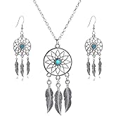 lauhonmin 3pcs Women Retro Silver Turquoise Feather Dream Catcher Pendant Necklace Earrings Set Family Friend Gifts