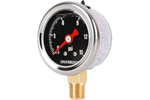 UHARBOUR Glycerin Filled Pressure Gauge with 304 Stainless Steel Case, 1-1/2" Black Dial, 0-15Psi, High Accuracy, 1/8"NPT Center Bottom Mount……