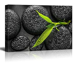 Large Smooth Zen Stones Black with Green Leaves - Canvas Art Home Art - 12x18 inches