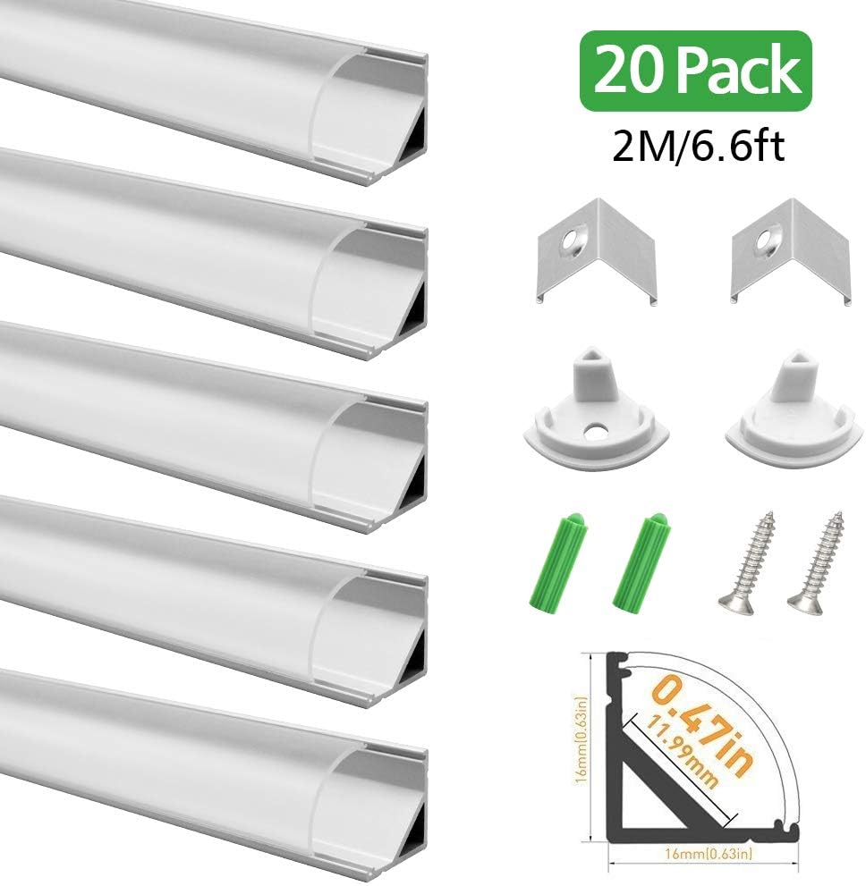 Lightingwill Clear LED Aluminum Channel V Shape Corner Mounted 6.6Ft/2M 20 Pack Sliver Extrusion for <12mm 5050 3528 LED Flex/Hard Strip Lights with Covers, End Caps, and Mounting Clips TP-V02S20