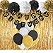 PAXCOO Black and Gold Happy Birthday Banner with Tissue Pom Poms Fringe Curtain and Balloons for Happy New Year New Year's Eve Party Decorations