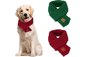 SlowTon Dog Knitted Scarf, 2 Pack Dog Warm Bandanas, Christmas Winter Holiday Decoration Scarf for Small Medium Large Dogs (Red, Green)