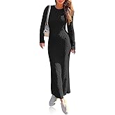 Wenrine Womens Sweater Maxi Dress Long Sleeve Knit Ribbed Crew Neck Slim Fit Casual Fall Long Dresses