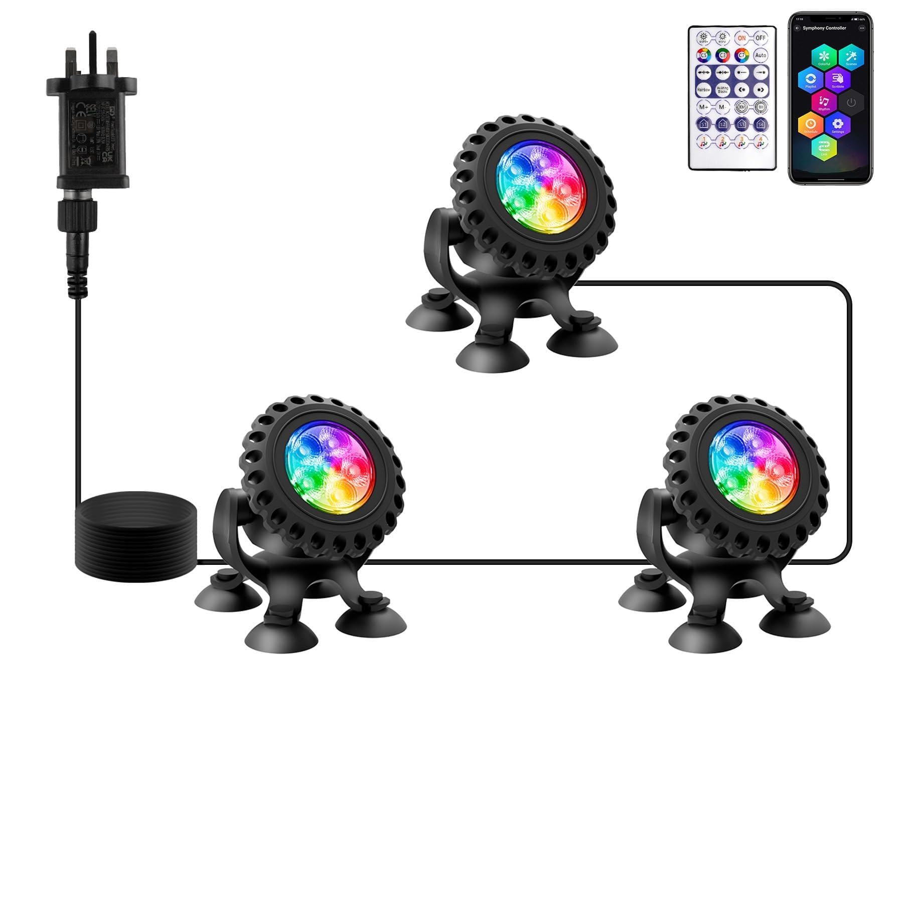 NATPOW Pond Lights, RGB Underwater Spotlights Mains Powered Aquarium Lights with APP&Remote Control, IP68 Waterproof Multicoloured Submersible for Aquarium Garden Yard Pool Fountain Pond (3-in-1)