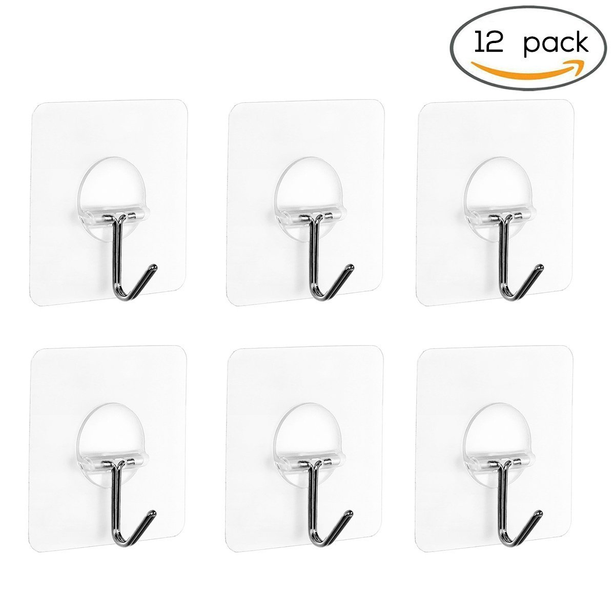 Rocita 12Pcs Adhesive Wall Hooks Nail Free Sticky Hooks Transparent Heavy Duty No Scratch & Oilproof Stainless Steel Hooks for Kitchen Bathroom Wall