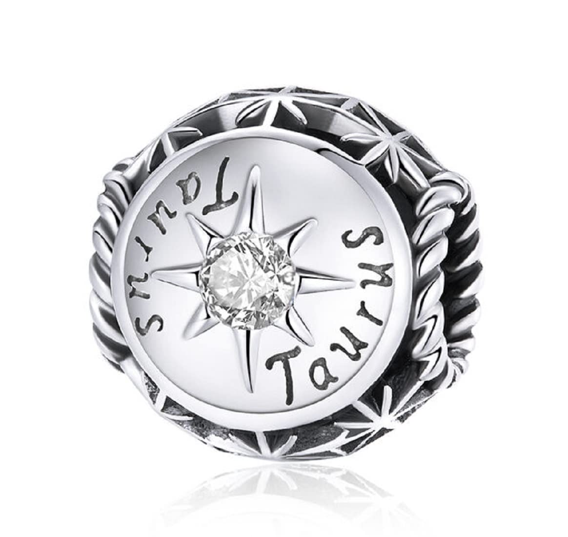 FeatherWish 925 Sterling Silver Zodiac Star Sign Constellation Round Bead Charm With Coloured Cubic Zirconia Compatible With Pandora Bracelet (Taurus)