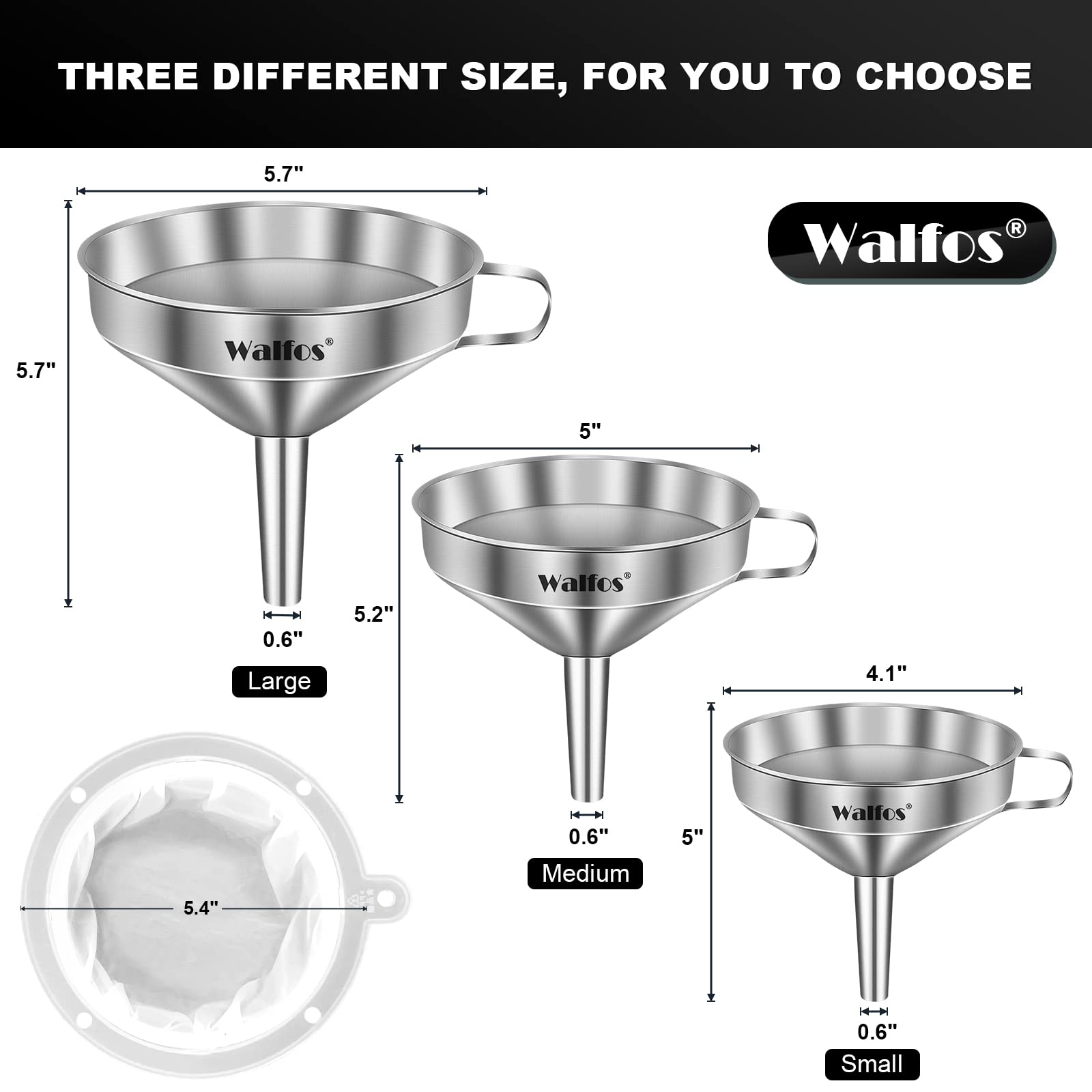 Walfos 3Pcs Kitchen Funnel with 2 Removable Strainer ＆ 1 Cleaning Brush & 1Pc 200 Mesh Food Filter Strainer, Food Grade Stainless Steel Funnel for Transferring of Liquid, Oils, Jam, Dry Ingredients