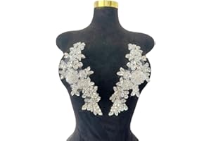 ESOSZNUA Handmade Bodice Rhinestones Applique Sewing Glass Beads Stones Crystal Trim Lace Patches for Dress Clothing Accessories 1pair/Bag 3.1X9.4inches (Silver)