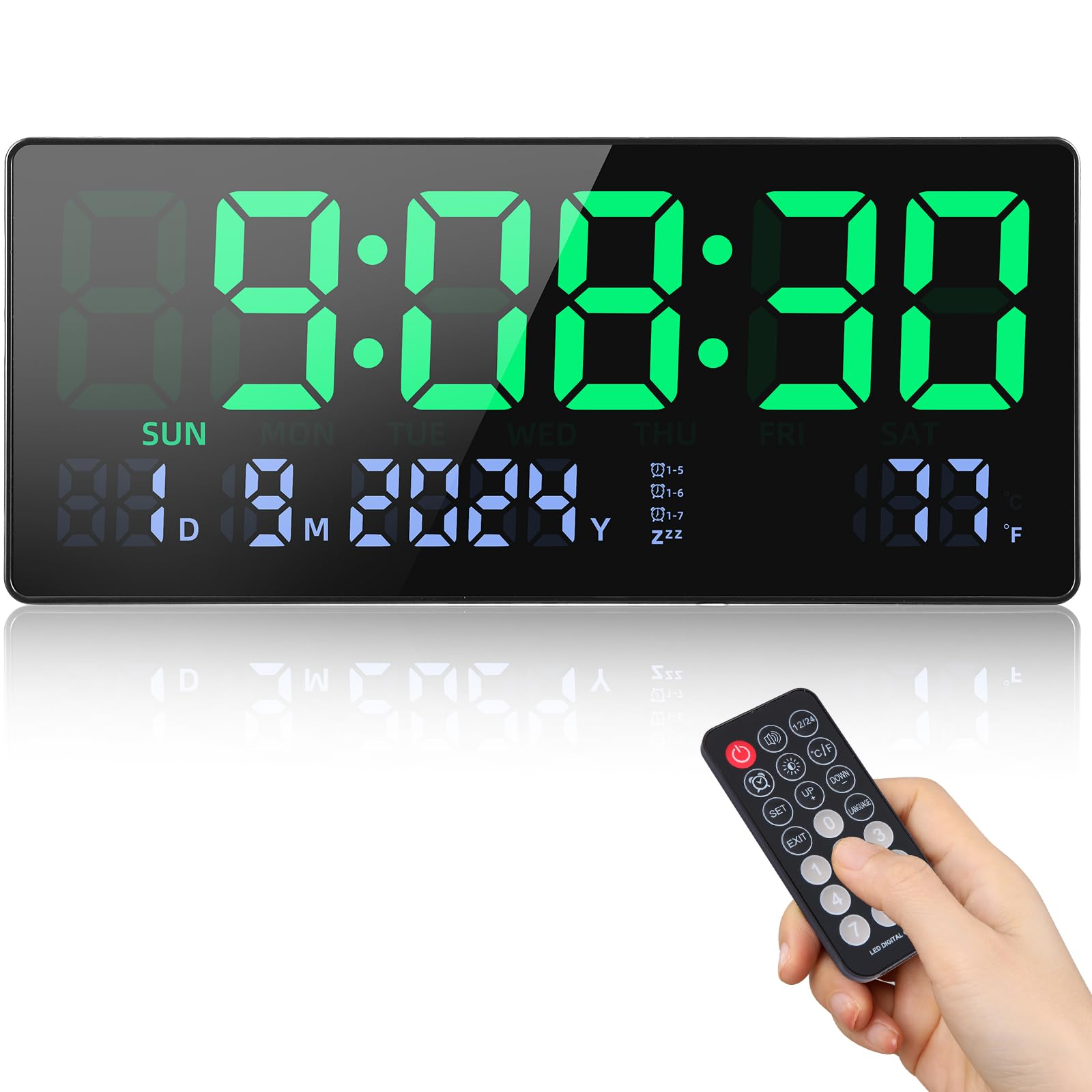 Fuloon 15.5 inch Digital Wall Clock, Large Display LED Digital Clock with Remote Control, Seconds Date Week Temperature for Living Room, Kitchen, Garage, Office and Classroom