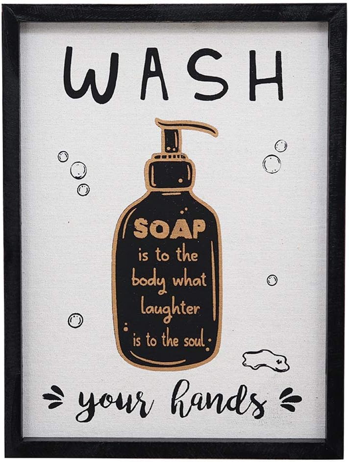 Fun Bathroom Wood Framed Wall Art Sign Decor with Quote Printed on Burlap, Wash Your Hands, Soap is to The Body What Laughter is to The Soul