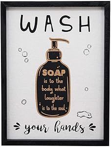 Fun Bathroom Wood Framed Wall Art Sign Decor with Quote Printed on Burlap, Wash Your Hands, Soap is to The Body What Laughter is to The Soul