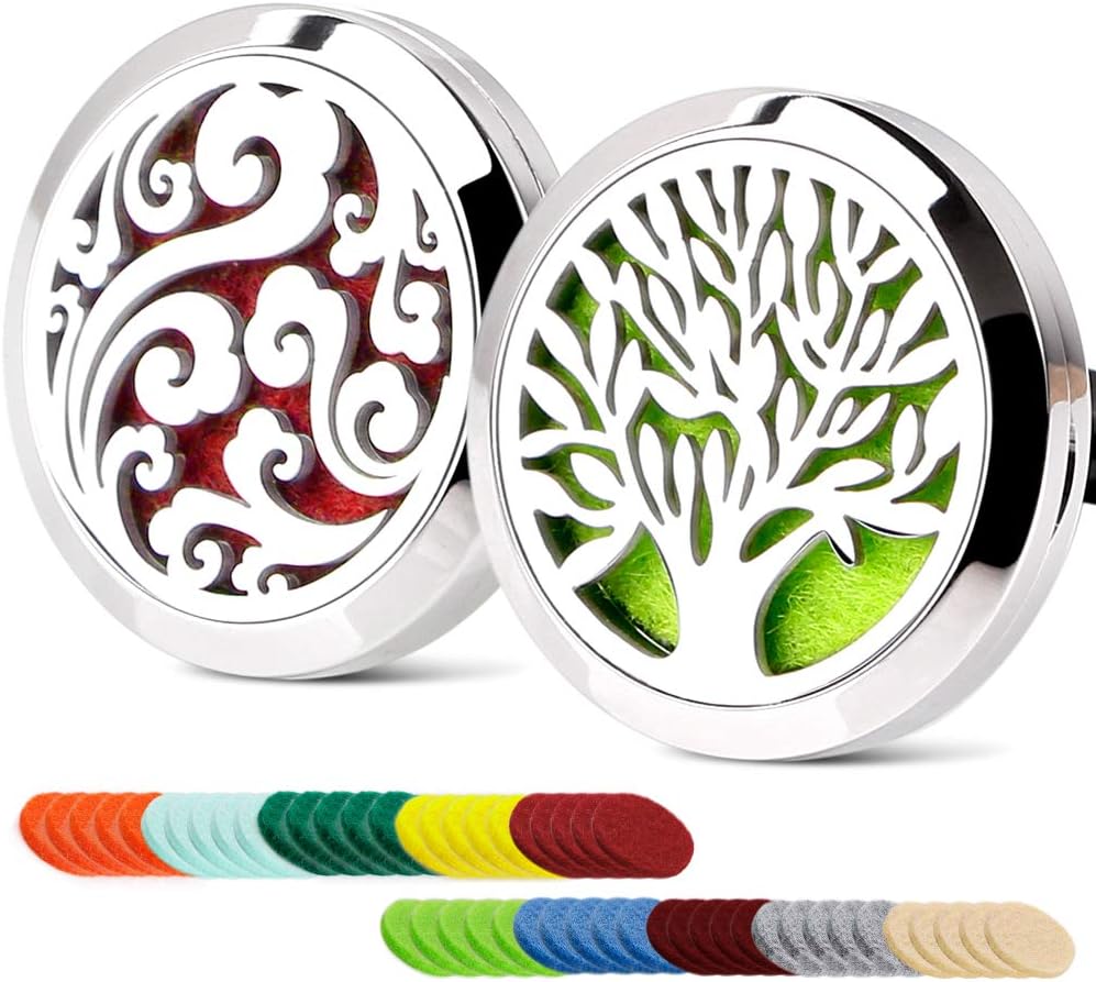 2PCS Car Aromatherapy Essential Oil Car Diffuser Stainless Steel Magnetic Closure Locket Tree of Life & Cloud with 50 Refill Pads