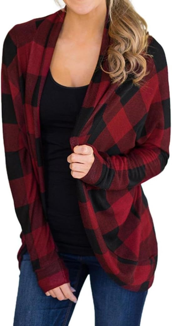 Kanpola Womens Long Jackets, Autumn Irregular Lattice Printed Ladies Coat Outwear Cardigan