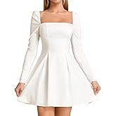 JKMNAO Women Long Sleeve Fall Mini Dress Bow Tie Party Cocktail Wedding Guest Square Neck Short Dresses