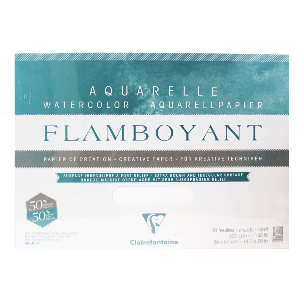 Clairefontaine - Ref 975066C - Flamboyant Watercolour Glued Pad (20 Sheets) - 36 x 51cm Size, Rough Grain, 300gsm Paper - Suitable for Watercolour Artwork