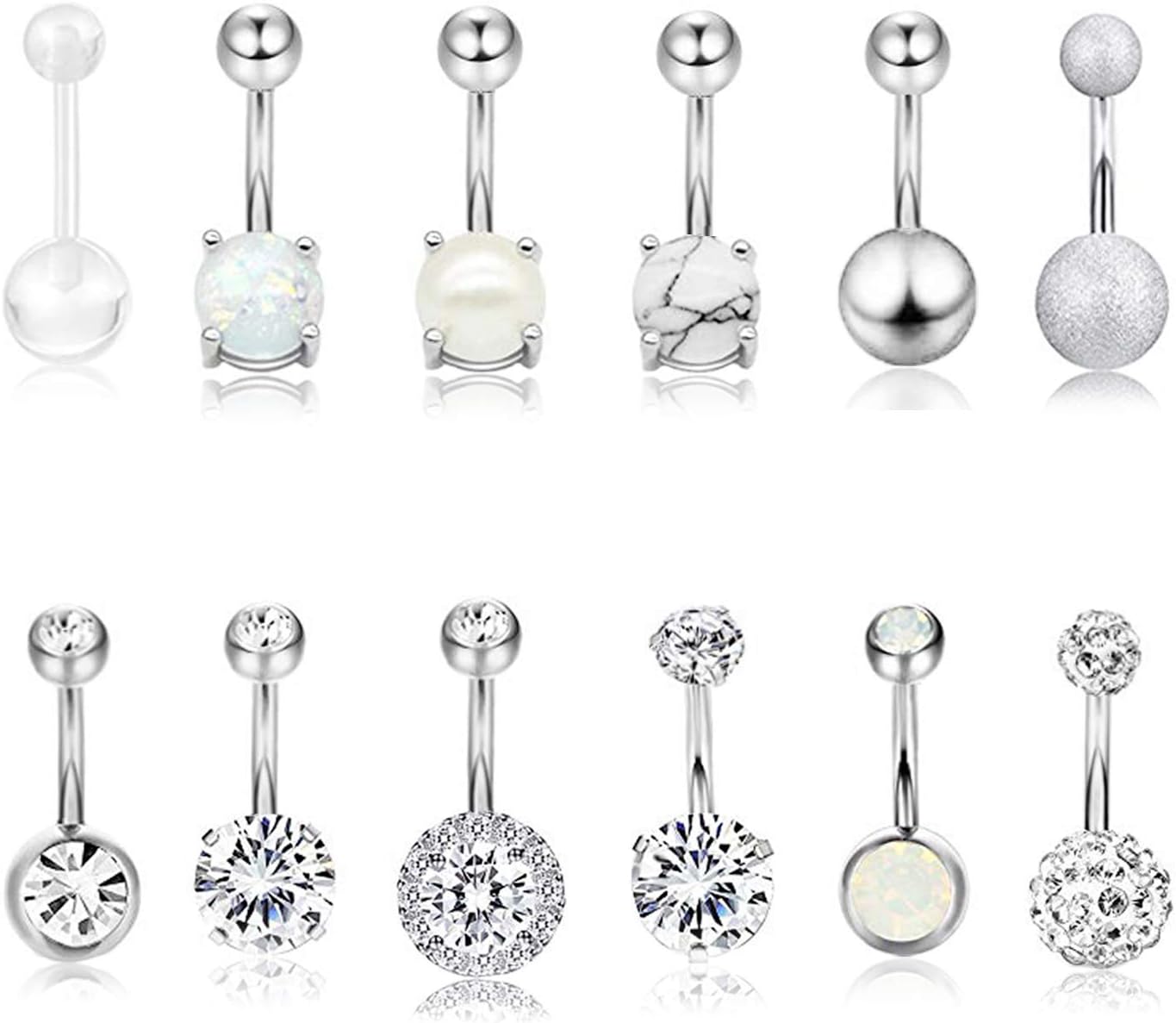 Masedy 12Pcs Belly Button Rings for Women Girls Surgical Steel Curved Navel Barbell Rings Body Piercing Jewelry