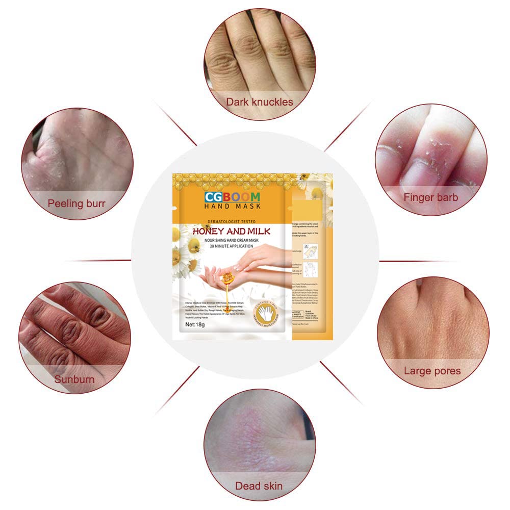 CGBOOM 5 Pairs Hand Masks Moisturizing Gloves, Hand Skin Repair Renew Mask Infused Collagen, Vitamins + Natural Plant Extracts for Dry, Aging, Cracked Hands (Honey and Milk)
