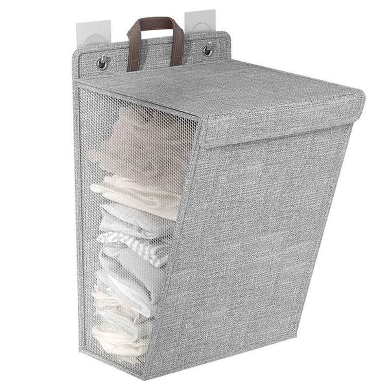 Esoes Laundry Basket with Lid, 60L Slim Laundry Hamper with Lid, Toy Storage Basket,Canvas Fabric Laundry Basket, Collapsible Bedrooms Dirty Clothes Bin for Bathroom, Laundry Room-Gray