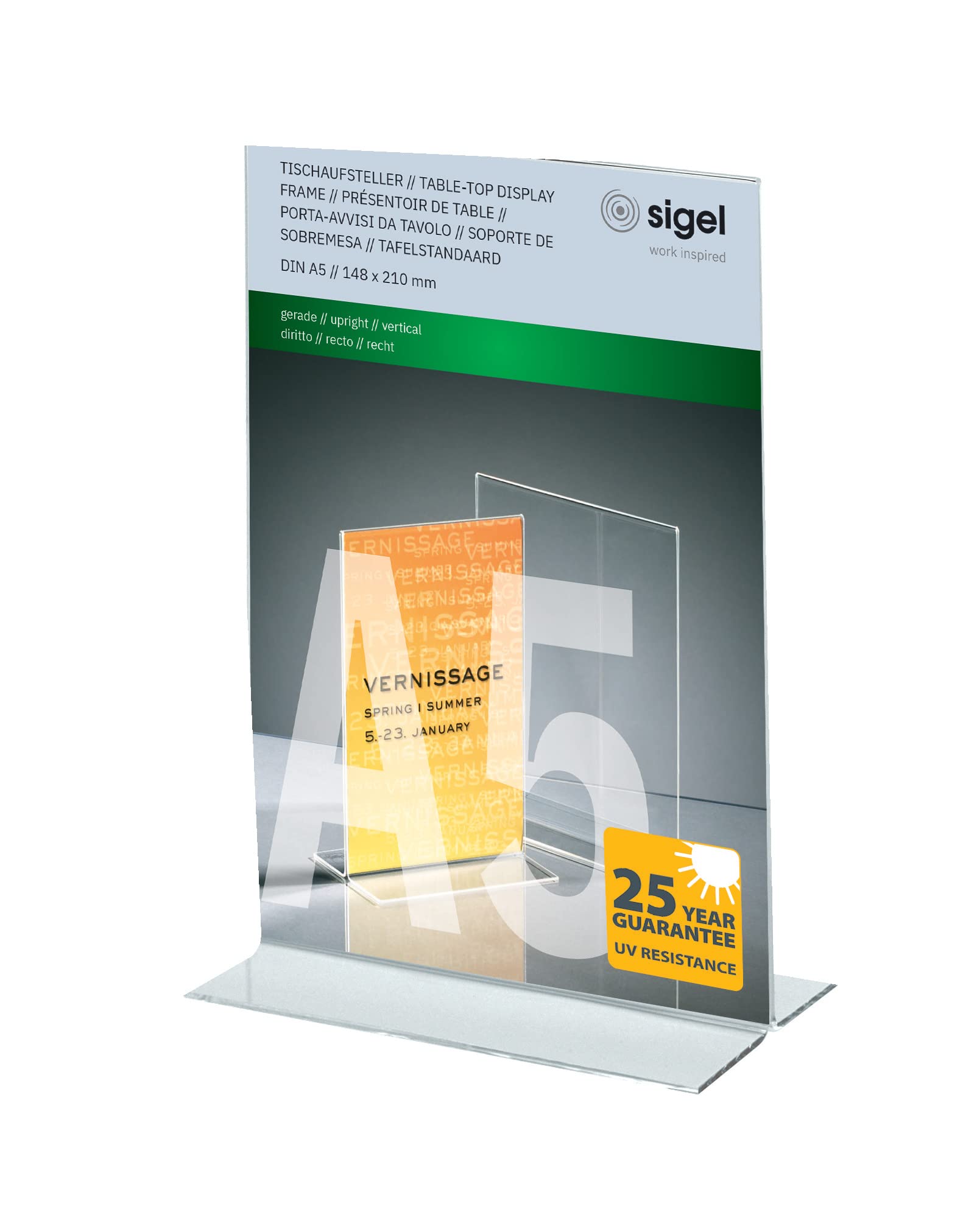 SIGEL TA222 Sign Holder, upright, for A5, double-sided presentation, uv resistant acrylic, transparent, 1 Piece