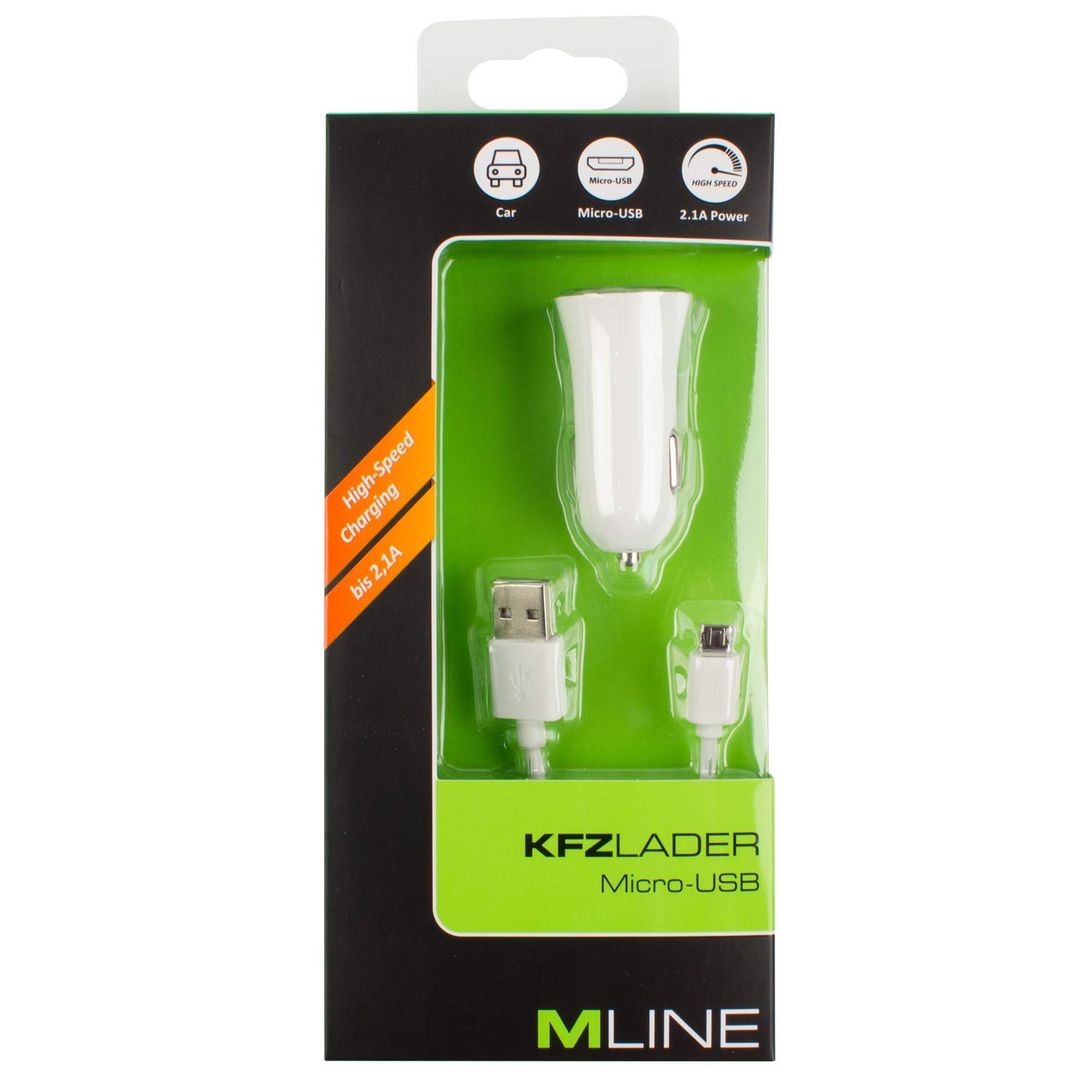 MLINE In-car charger 1x USB 2.1 A and double-sided data and charging cable for micro USB White
