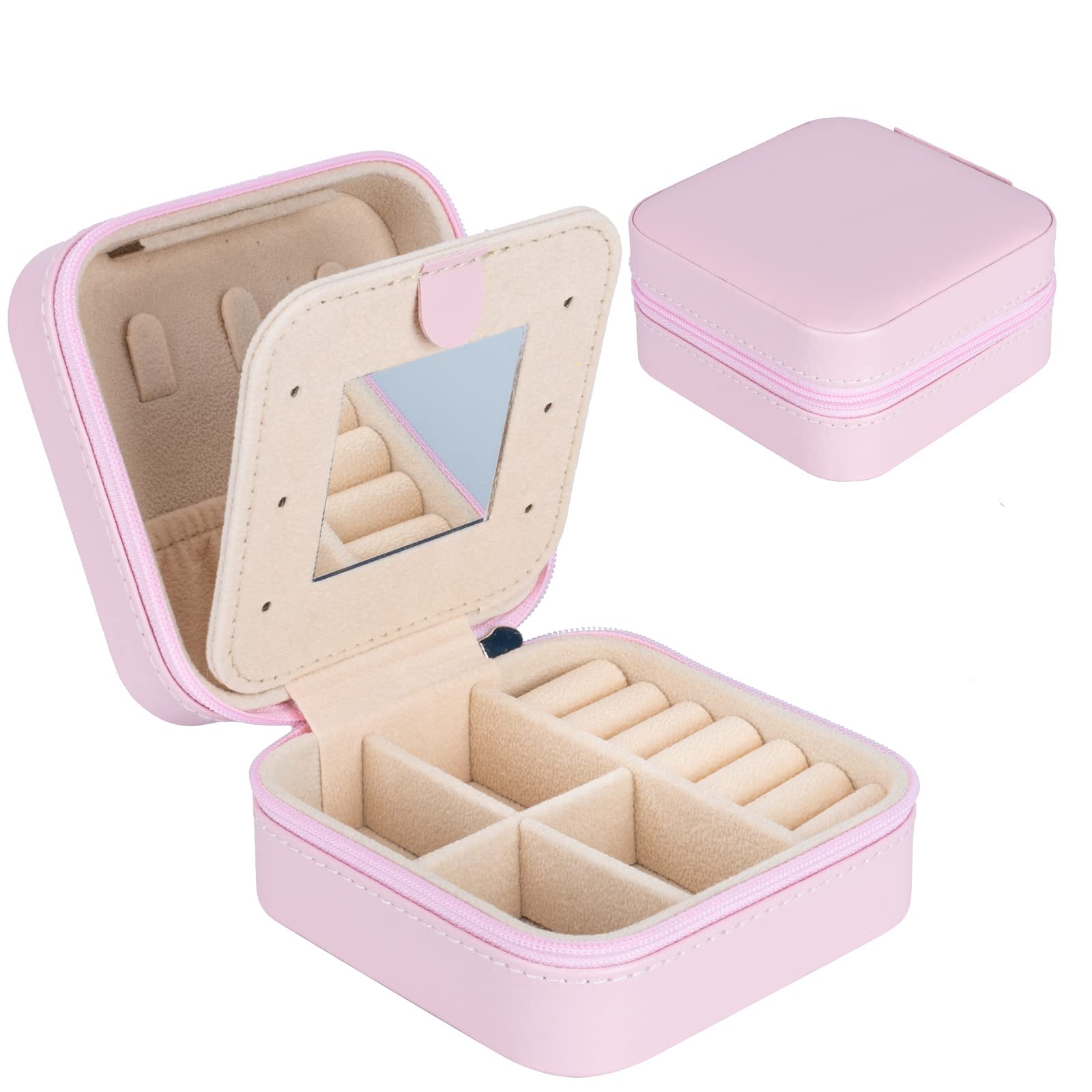 Darbermu Mini Portable Jewellery Organiser, Pink Travel Jewellery Case, Leather Double Layer Jewelry Box with Mirror, Rings Earrings Necklace Bracelets Gift Box for Girls Women