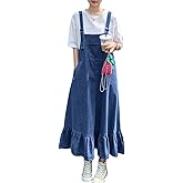 chouyatou Women's Y2K Cute Ruffle Denim Overall Jean Dress Distressed Flared Maxi long Bib Jumper Dress